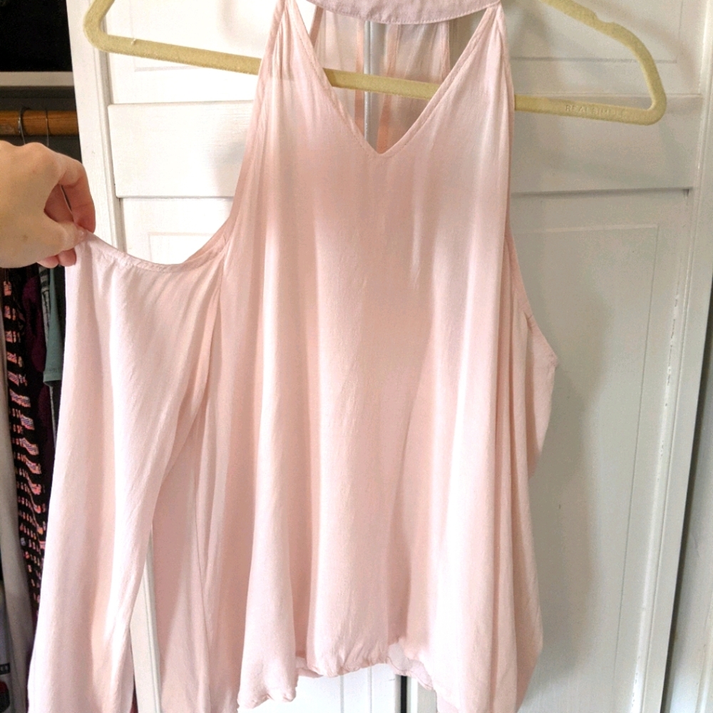 Pink cold shoulder collared top